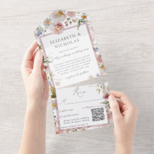 Invitación Todo En Uno Elegante Boda floral Código QR