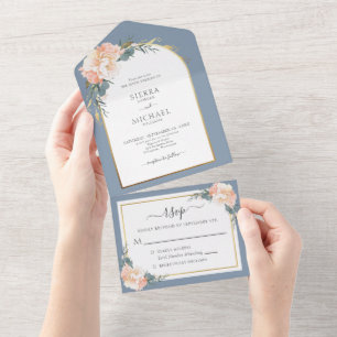 Invitación Todo En Uno Elegante Boda floral crema de oro azul turquesa