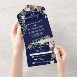 Invitación Todo En Uno Elegante Boda floral de acuarela azul de la marina