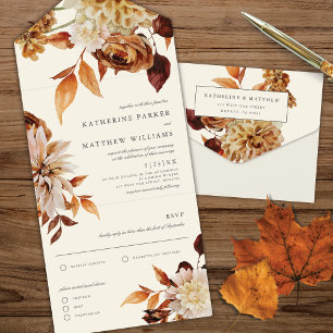 Invitación Todo En Uno Elegante Boda floral de acuarela de otoño