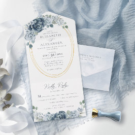 Invitación Todo En Uno Elegante Boda floral de color azul turbio