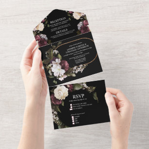 Invitación Todo En Uno Elegante boda floral de color burdeos y rosa