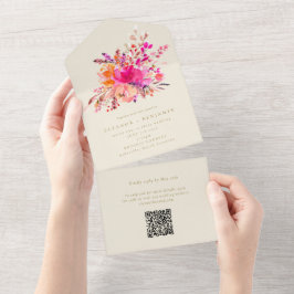 Invitación Todo En Uno Elegante Boda floral de color rosa brillante