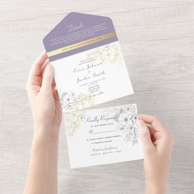 Invitación Todo En Uno Elegante Boda floral de Lavanda (desgarro)