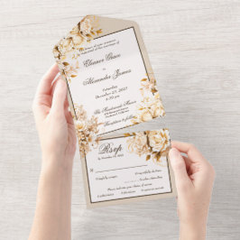 Invitación Todo En Uno Elegante Boda Floral de Oro y Marfil