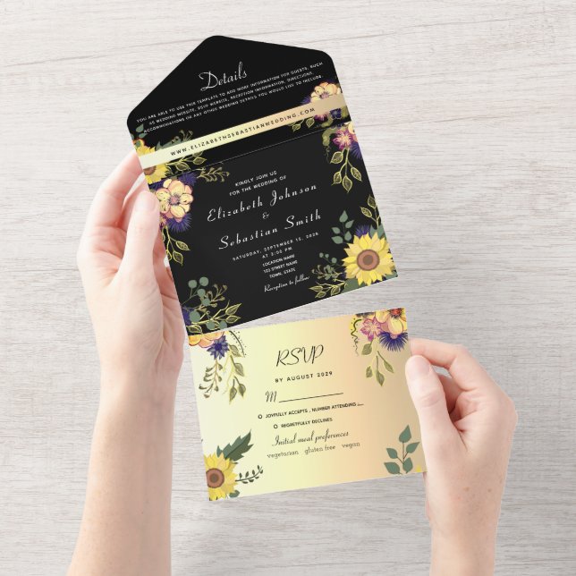 Invitación Todo En Uno Elegante Boda floral de oro y negro (desgarro)