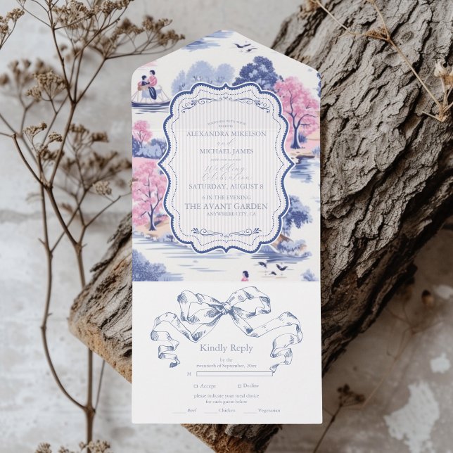 Invitación Todo En Uno Elegante Boda floral del Jardín francés azul barro (Subido por el creador)