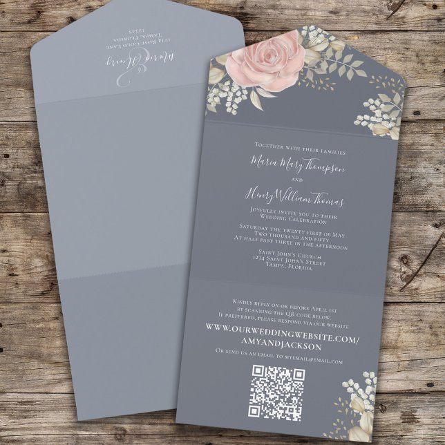 Invitación Todo En Uno Elegante Boda Floral Dusty Azul (Subido por el creador)