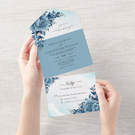 Invitación Todo En Uno Elegante Boda Floral Dusty Azul