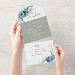 Invitación Todo En Uno Elegante Boda Floral Dusty Blue Greenery