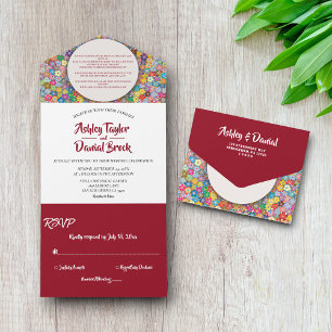 Invitación Todo En Uno Elegante Boda floral elegante de Borgoña