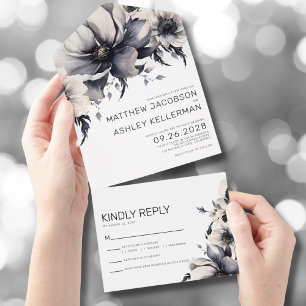 Invitación Todo En Uno Elegante Boda Floral en Blanco y Negro
