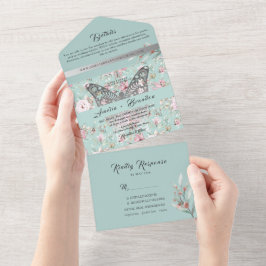 Invitación Todo En Uno Elegante boda floral en rosa y azul pastel