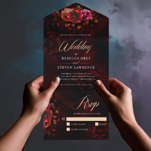 Invitación Todo En Uno Elegante boda floral negro negro negro morado romá