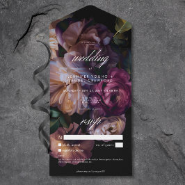 Invitación Todo En Uno Elegante Boda floral negro sin cena