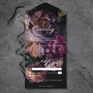 Invitación Todo En Uno Elegante Boda floral negro sin cena