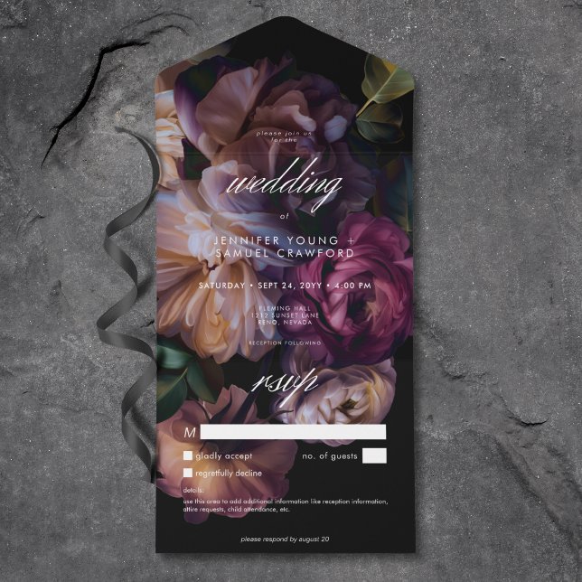 Invitación Todo En Uno Elegante Boda floral negro sin cena (Elegant Black Moody Floral Wedding No Dinner All In One Invitation)