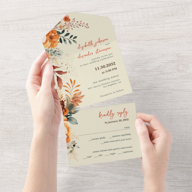 Invitación Todo En Uno Elegante boda floral otoñal (desgarro)