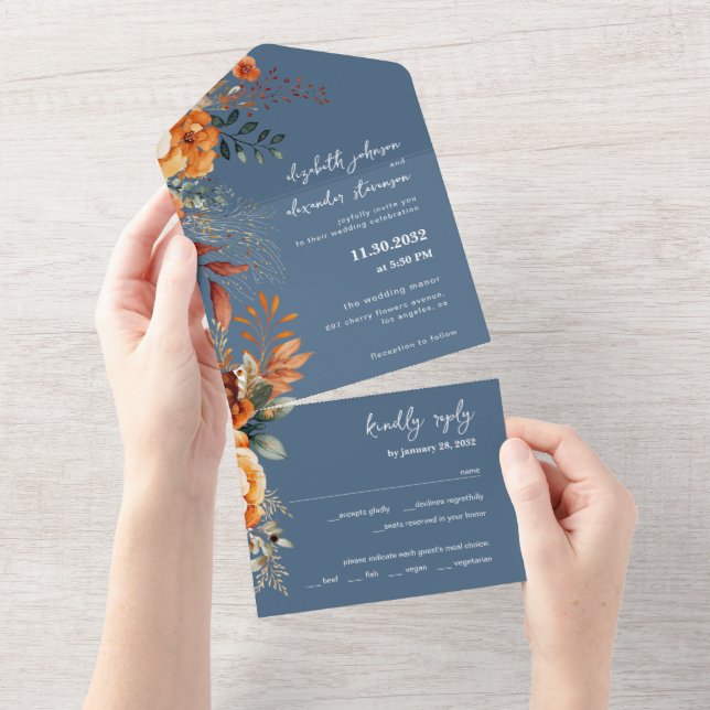 Invitación Todo En Uno Elegante boda floral otoñal delicado azul (desgarro)