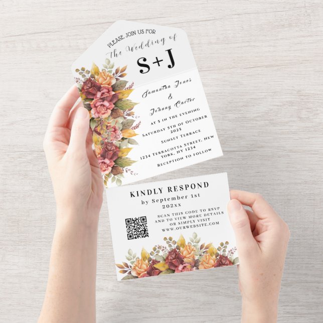Invitación Todo En Uno Elegante Boda Floral Otoño RSVP (desgarro)