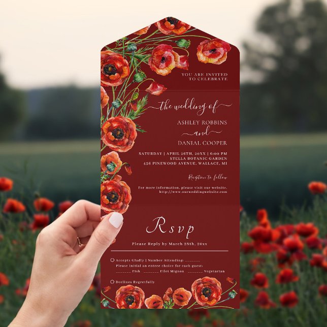 Invitación Todo En Uno Elegante Boda floral rojo borgoñés (Subido por el creador)