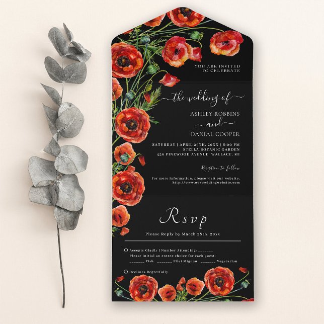 Invitación Todo En Uno Elegante Boda floral rojo negro (Subido por el creador)