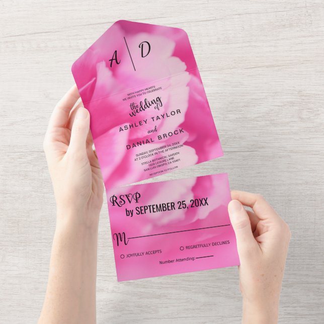 Invitación Todo En Uno Elegante Boda floral romántico de flores rosadas d (desgarro)