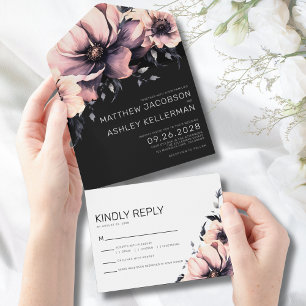 Invitación Todo En Uno Elegante Boda Floral Rosa