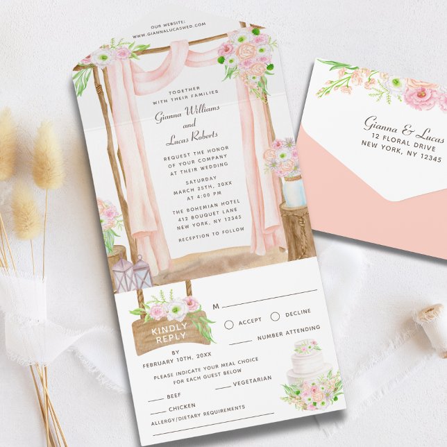 Invitación Todo En Uno Elegante Boda floral rosa acuarela exterior (Subido por el creador)