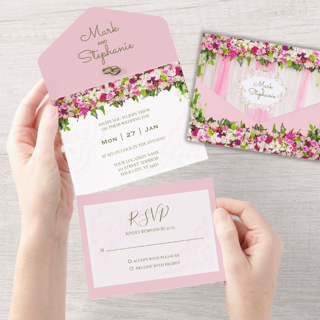 Invitación Todo En Uno Elegante Boda floral rosa Rubor brillante (Subido por el creador)