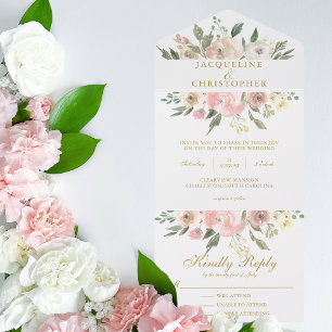 Invitación Todo En Uno Elegante Boda floral Rubor de color rosado de oro