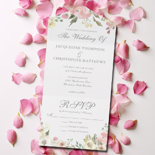 Invitación Todo En Uno Elegante Boda floral Rubor Pink Ivory Peony