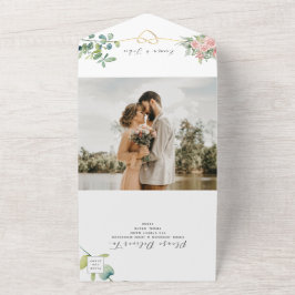 Invitación Todo En Uno Elegante Boda floral Rubor rosa todo en uno