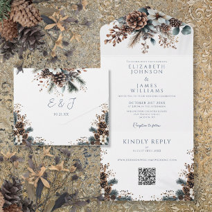 Invitación Todo En Uno Elegante Boda Floral Rústica con Piña Código QR