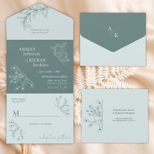 Invitación Todo En Uno Elegante Boda floral Verde azulado