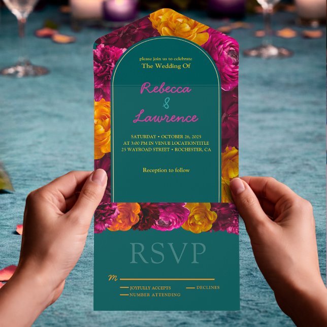 Invitación Todo En Uno Elegante boda floral verde brillante rosa caliente (Subido por el creador)