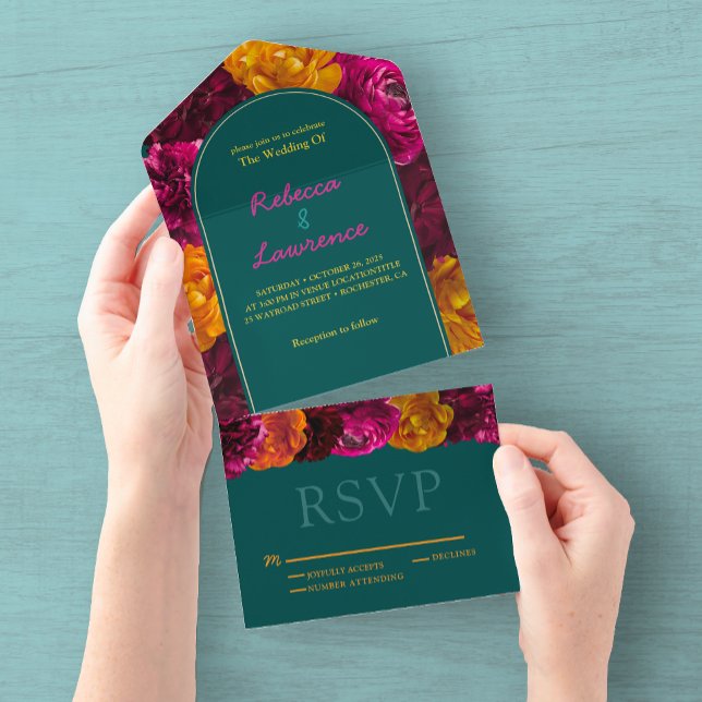 Invitación Todo En Uno Elegante boda floral verde brillante rosa caliente (Subido por el creador)