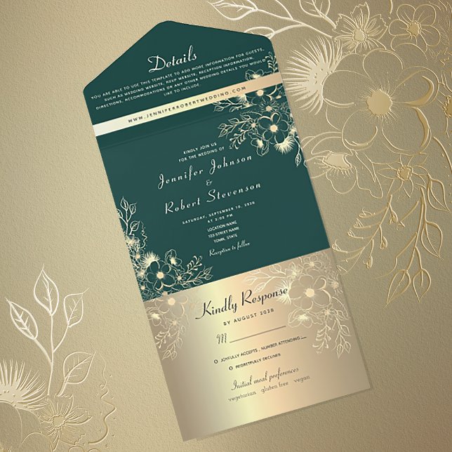Invitación Todo En Uno Elegante Boda floral verde esmeralda (Subido por el creador)