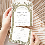 Invitación Todo En Uno Elegante Boda floral victoriano de distancia desga<br><div class="desc">Descubra los detalles de su día especial con gracia y elegancia usando nuestra invitación floral de boda inspirada en Victoria. Diseñado para el encanto, esta invitación "todo en uno" cuenta con una sofisticada paleta de tonos verde salvia, oliva, marfil y suaves toques de oro, creando un encanto eterno. Las intrincadas...</div>