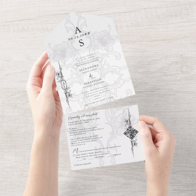 Invitación Todo En Uno Elegante Boda formal barroco blanco floral blanco  (desgarro)