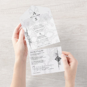 Invitación Todo En Uno Elegante Boda formal barroco blanco floral blanco