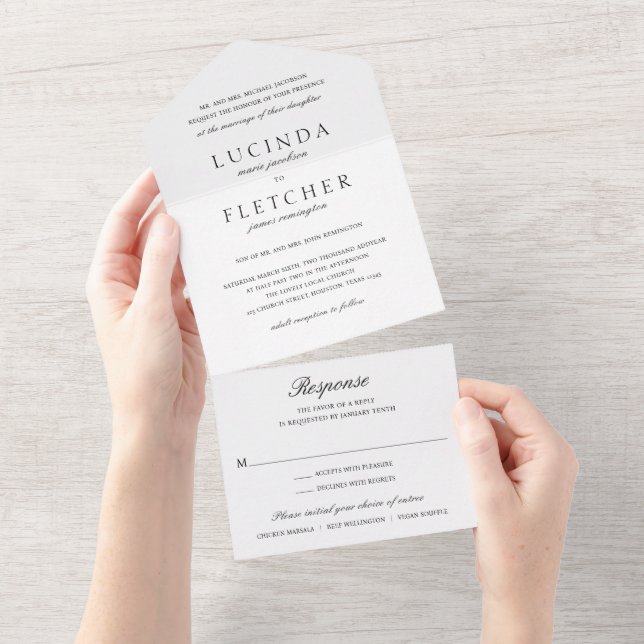 Invitación Todo En Uno Elegante Boda formal clásico negro y blanco (desgarro)