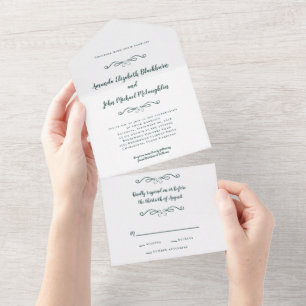 Invitación Todo En Uno Elegante Boda formal esmeralda verde triple blanco