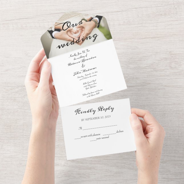 Invitación Todo En Uno Elegante Boda fotográfico de caligrafía (desgarro)