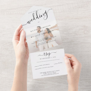 Invitación Todo En Uno Elegante Boda fotográfico de caligrafía Minimalist