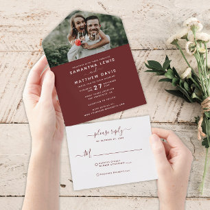 Invitación Todo En Uno Elegante Boda fotográfico de caligrafía roja de Bo