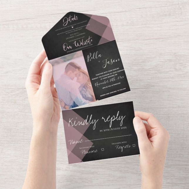 Invitación Todo En Uno Elegante Boda fotográfico de Chalkboard Pastel (desgarro)