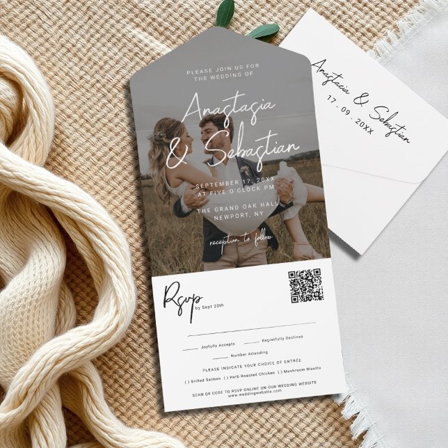 Invitación Todo En Uno Elegante Boda fotográfico de código QR en blanco y (Subido por el creador)