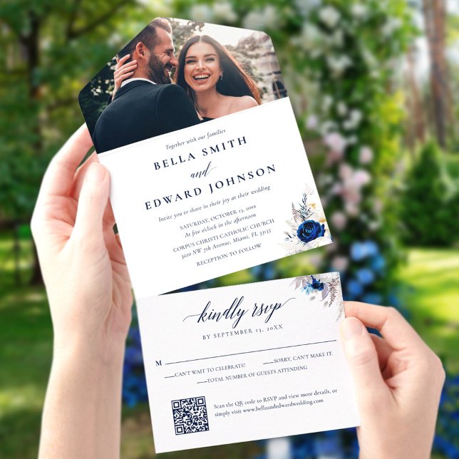 Invitación Todo En Uno Elegante Boda fotográfico de flores blancas azules (Subido por el creador)