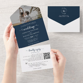 Invitación Todo En Uno Elegante Boda fotográfico del código QR del Monogr